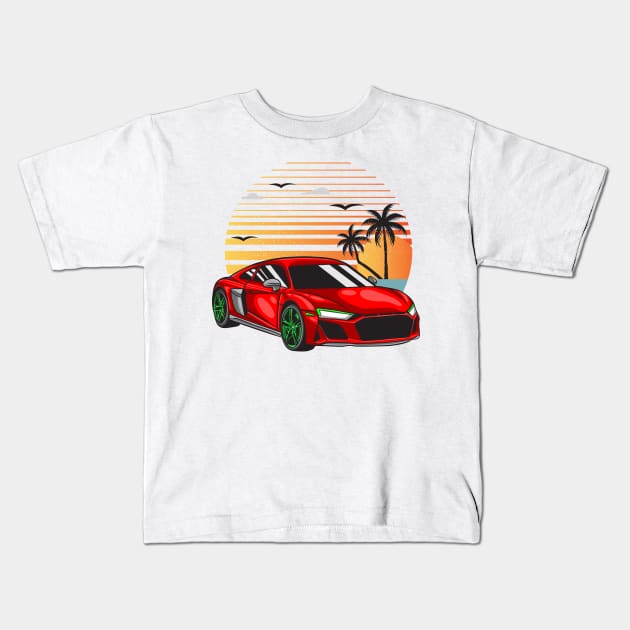 Red R8 on beach Kids T-Shirt by Car_Designer